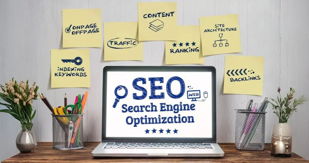 A visual representation of search engine optimization, showcasing keywords and search icons to illustrate SEO techniques.