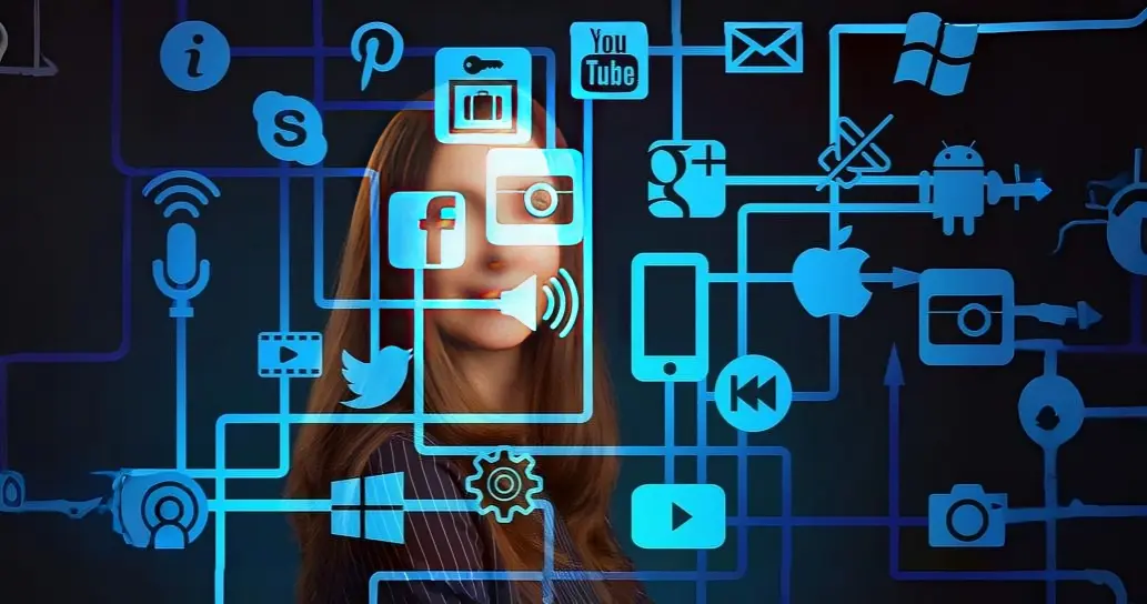 A woman's face encircled by social icons, illustrating her connection to social media and the digital world.