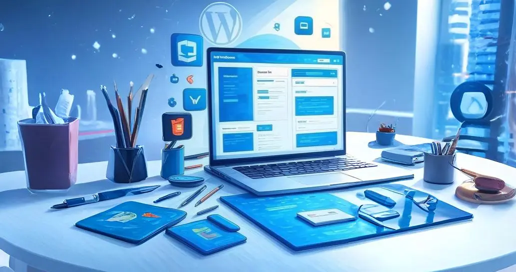 Web Development - Copy A laptop rests on a desk, complemented by a bright blue background, creating a clean and professional look. Web Designing Freelancer in Thrissur.