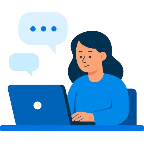 Contact Page Woman focused on a laptop, surrounded by colorful speech bubbles representing ideas and communication.
