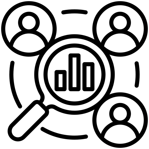 Monochrome line-art icon depicting two magnifying glasses beside a graph, representing "Competitor Analysis" in a professional style.