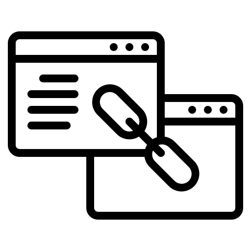 Minimal black-and-white vector icon of two interlinked chain links, symbolizing connection and SEO authority in link building.