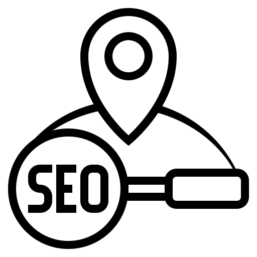 Minimal vector icon of a map pin with a magnifying glass, symbolizing local SEO and search visibility in black and white.