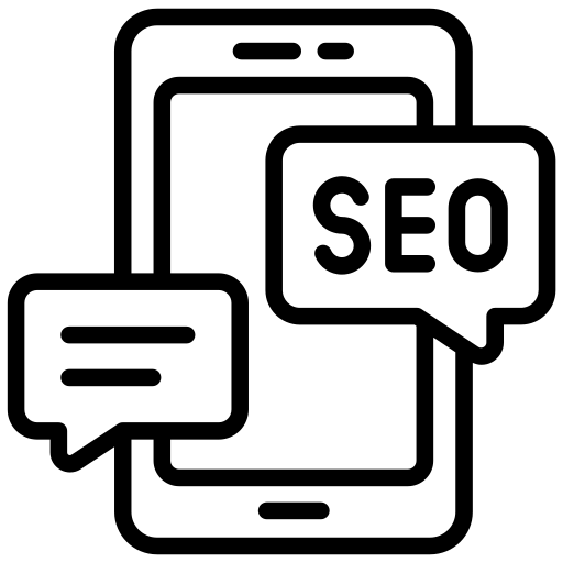 Black-and-white vector icon of a smartphone with a magnifying glass, symbolizing mobile SEO and search optimization.
