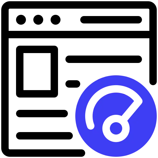 Vector icon representing On-Page SEO Optimization with a web page outline, gear, and blue performance gauge on a clear background. SEO Consultant in Thrissur.