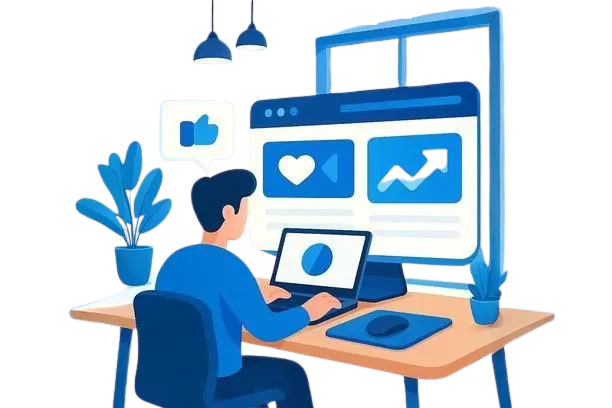 A modern home office scene with a social media manager working on a laptop and desktop, featuring analytics and indoor plants.