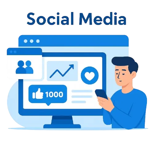 Man focused on a laptop while seated at a desk in a modern office environment. Social Media Marketing in Thrissur.