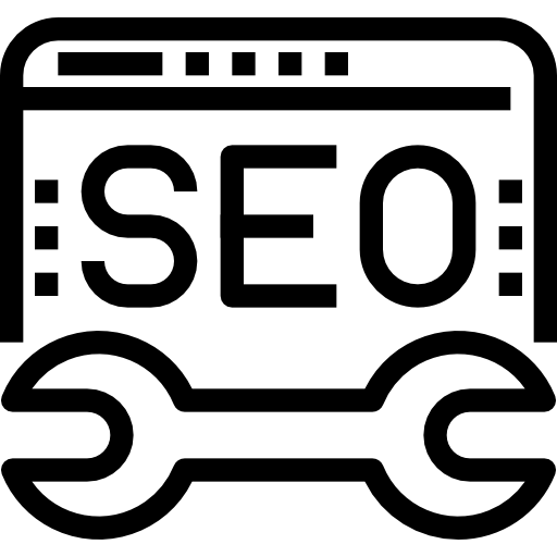 Flat vector icon for Technical SEO featuring a gear, code brackets, and a magnifying glass in minimal black line design. SEO Consultant in Thrissur.